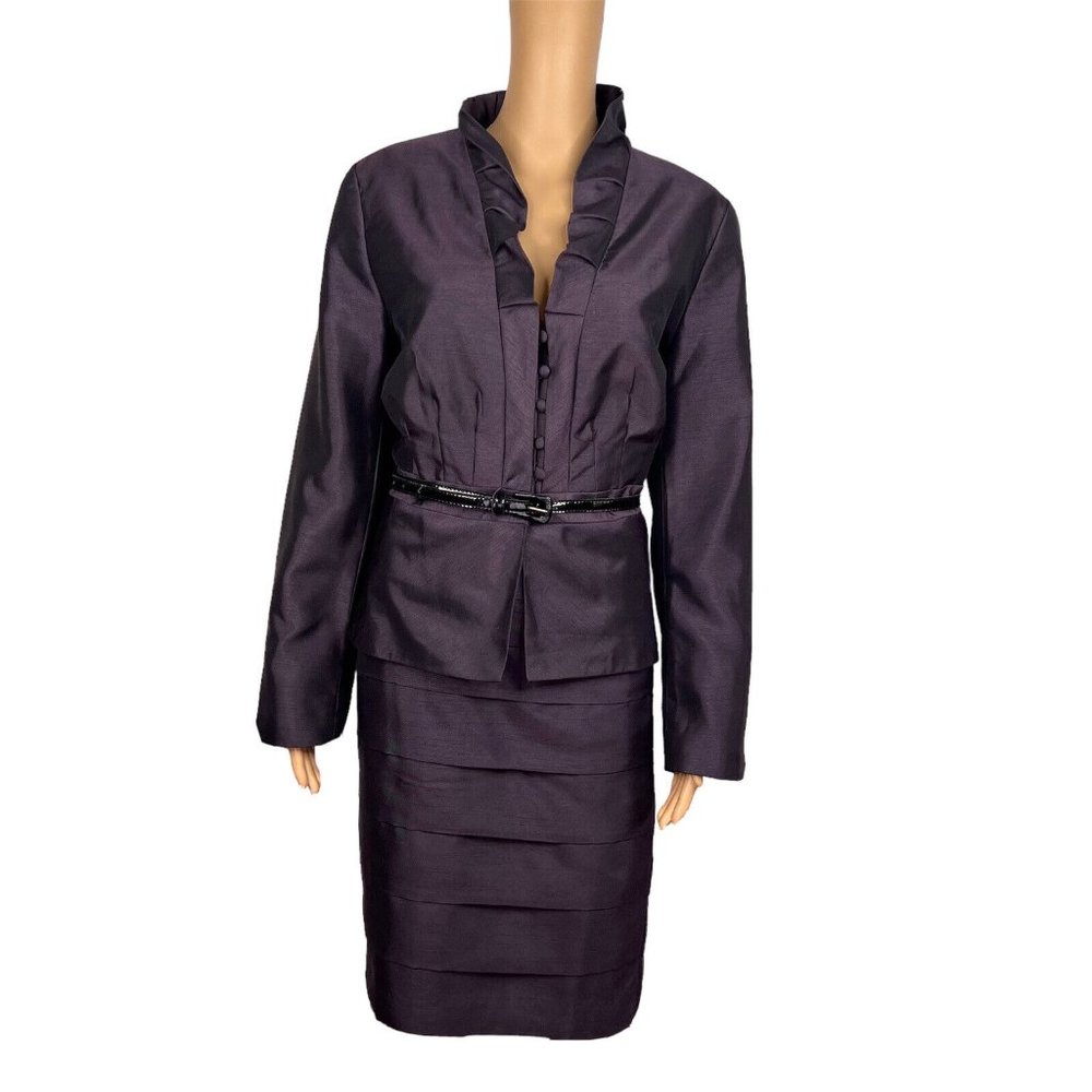 SHARAGANO Studio 2PC Plum Polyester Nylon Tiered Ruffle Belted Skirt Suit